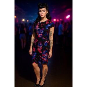 Betsey Johnson Black Floral Print‎ Cap Sleeve Sheath Dress Size 12